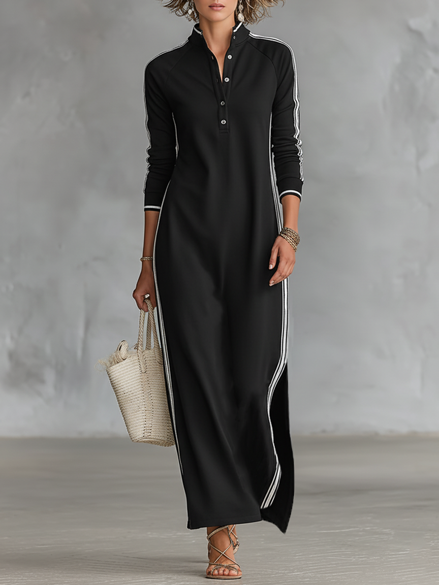Maxi sweatshirt dress with button collar, front view. Soft, comfortable, and stylish. Image 1 of 8.