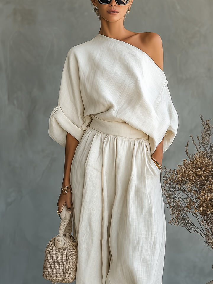 Linen off-shoulder top and wide-leg pants set, light beige, relaxed fit, image 3 of 5.
