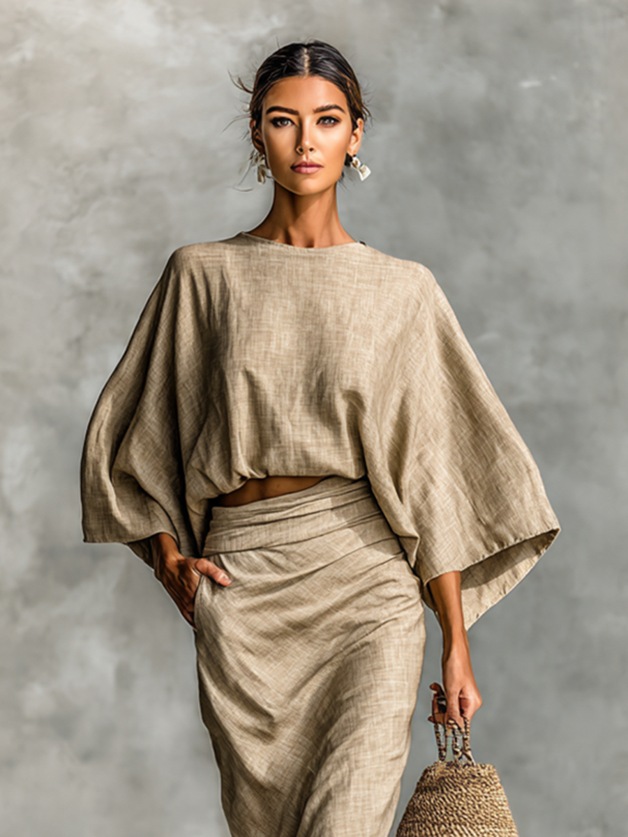 Damen Leinen Rock & Top Set, zweiteilig, beige, Bild 2 von 5.