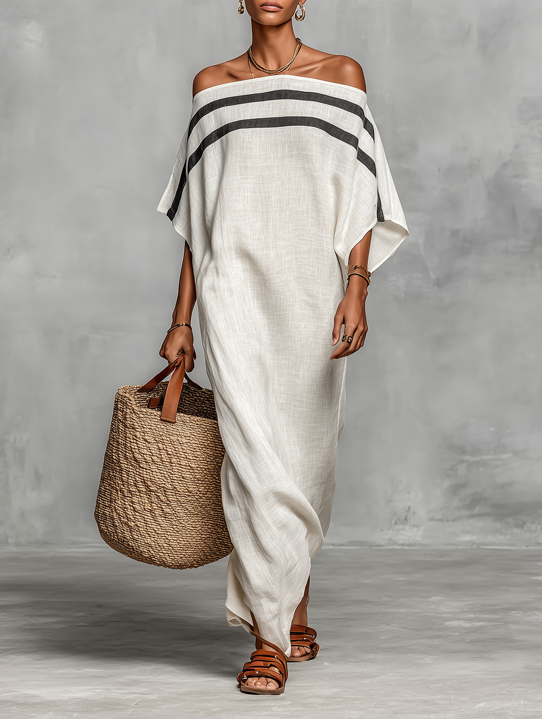 Leinen Maxi Kleid, minimalistisches Sommerkleid Damen, hellblau, Modellansicht vorne, Bild 1 von 7