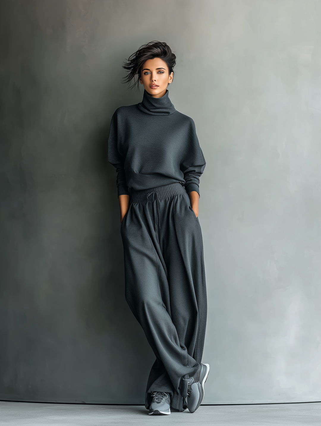Knit set wide leg pants, cozy loungewear outfit. Model standing, position 2 of 5.