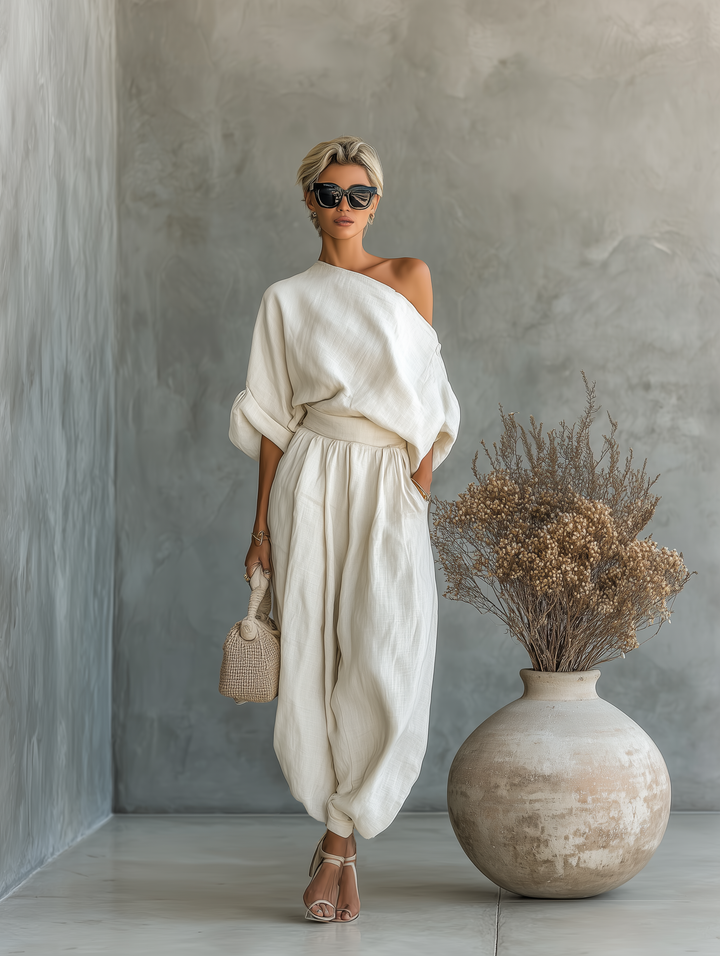 Linen off-shoulder top and wide-leg pants set, light beige, model walking (2/5)
