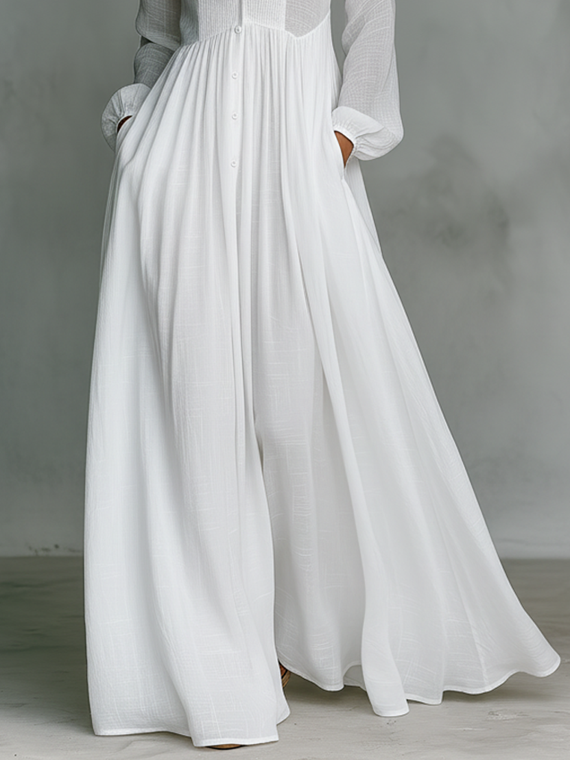 Patchwork Linen Maxi Dress, stand collar, front view. Image 3 of 7.