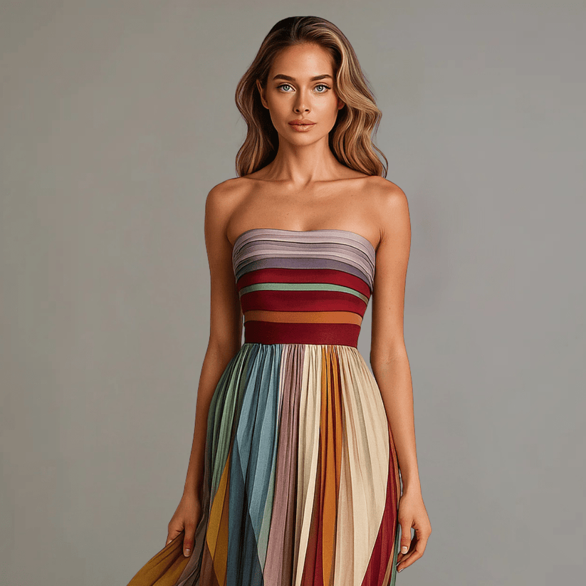 Model wearing colorful elegant maxi dress, back view. Fourth image.