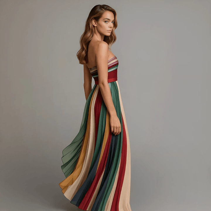 Colorful elegant sleeveless maxi dress, full length, women's fashion, image 2 of 4.