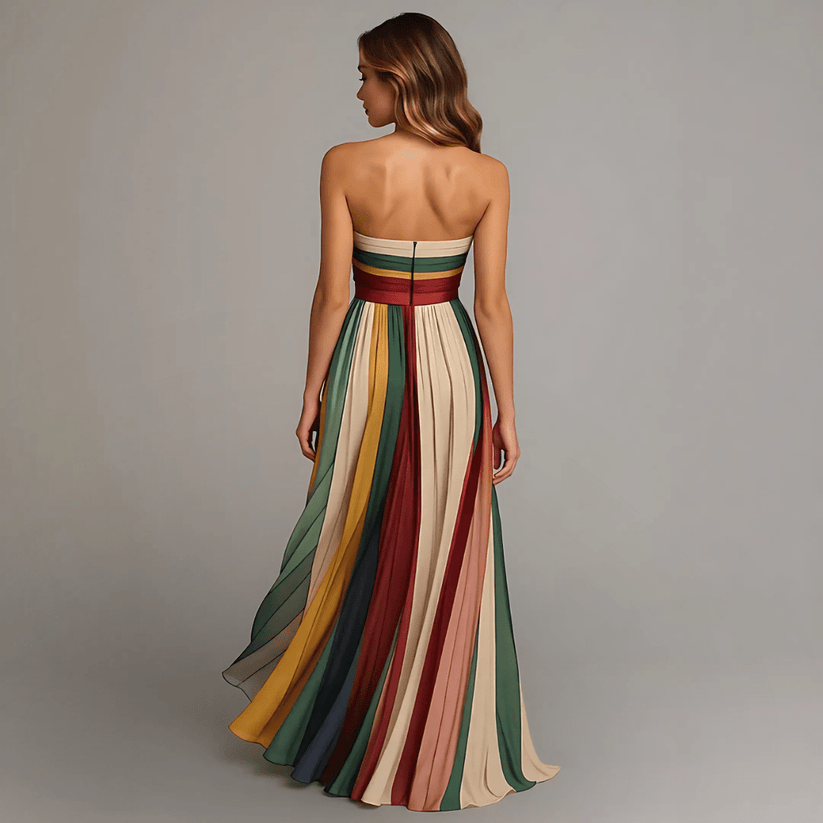 Maxikleid bunt gestreift, ärmellos, elegant, Seitenansicht, Model in Sommerkleid, Position 3.