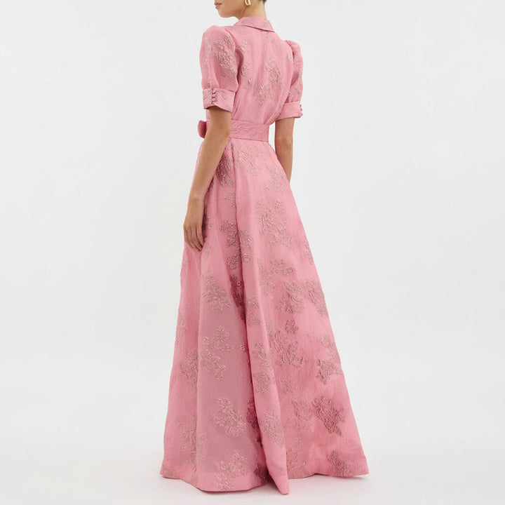 Matilde - Hosszú Virágos Jacquard Ruha Övvel