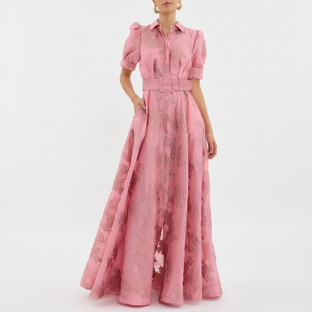 Matilde - Hosszú Virágos Jacquard Ruha Övvel