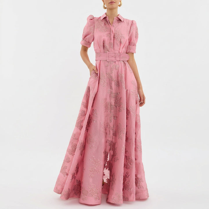 Matilde - Hosszú Virágos Jacquard Ruha Övvel
