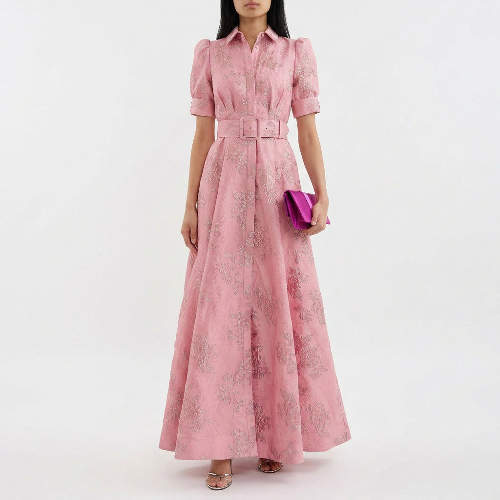 Matilde - Hosszú Virágos Jacquard Ruha Övvel