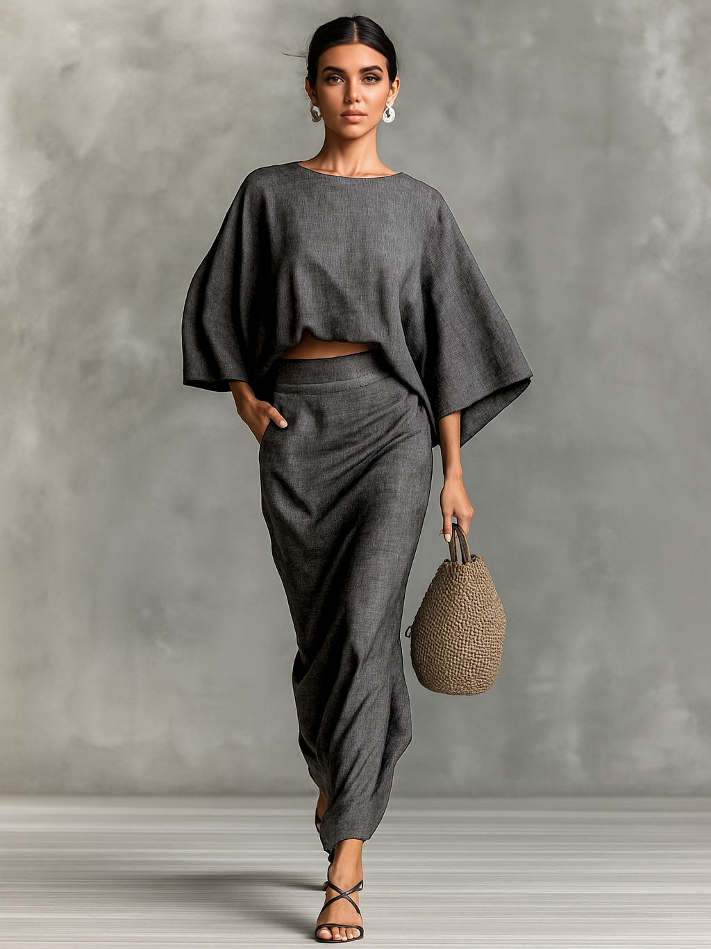 Leinen Rock & Top Set für Damen, Zweiteiler, beige, komplettansicht, 5 von 5