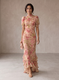 Dorina | Virágos Hosszú Chiffon Ruha