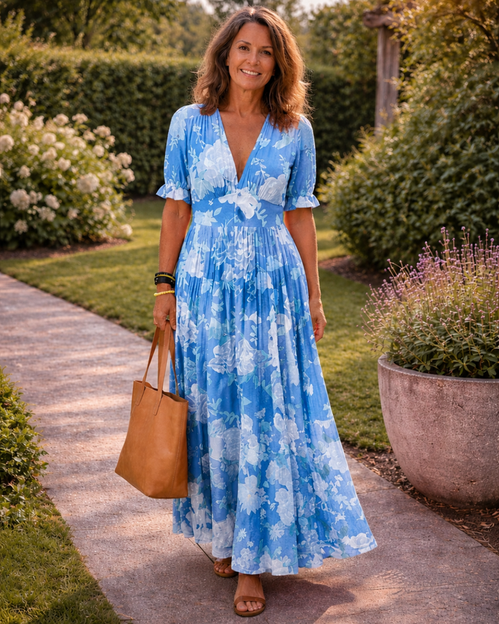Ione | Kurzes ärmelloses V-Ausschnitt Blumen-Midi-Kleid - Image 2