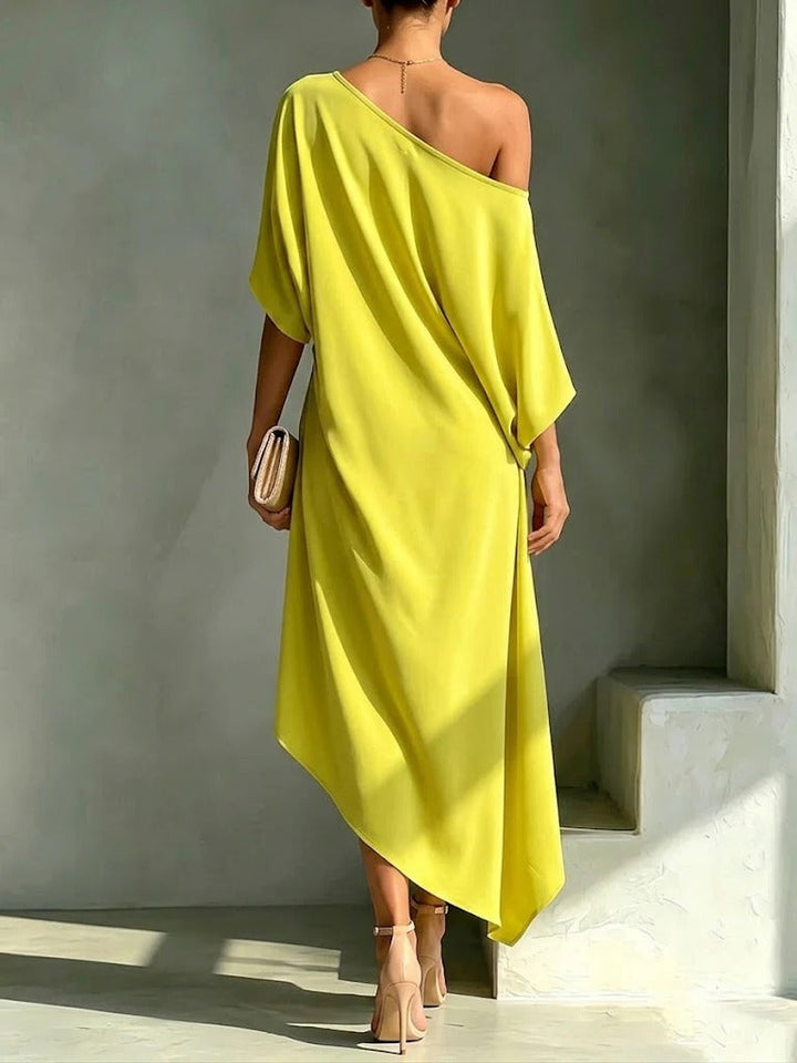 Camila asymmetric dress, women's elegant fashion, side view, back detail, SKU: CML001-4